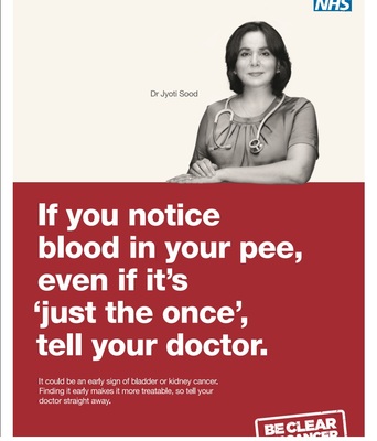 If you notice blood in your pee, even if it's just the once, tell your doctor (A3 poster - female)