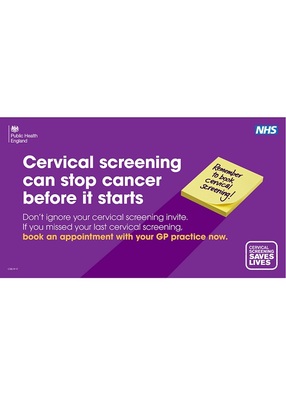 Cervical screening can stop cancer before it starts - post it note (pharmacy digital screen)
