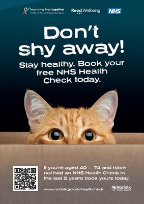 Don't shy away! Stay healthy, book your free NHS Health Check today (A3 cat poster)