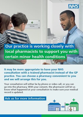 Our practice is working closely with local pharmacists to support you with certain minor health conditions (A4 poster)