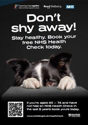 Don't shy away! Stay healthy, book your free NHS Health Check today (A4 dog poster)
