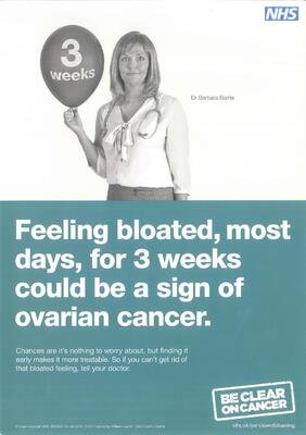 Feeling bloated most days for 3 weeks could be a sign of ovarian cancer (poster, A4)