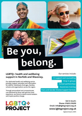 Be you, belong - LGBTQ+ health and wellbeing support in Norfolk and Waveney (A4 poster)