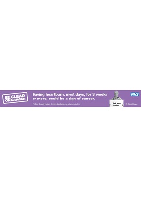 Having heartburn, most days, for 3 weeks or more, could be a sign of cancer (web banner, no URL)