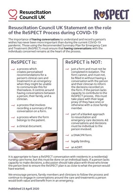 Respect - statement on the role of the Respect process during COVID 19 (A4 factsheet)