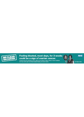 Feeling bloated, most days, for 3 weeks could be a sign of ovarian cancer (web banner 1, no URL)